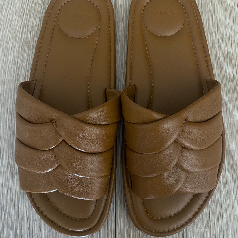 Vince Tan Leather Slide Sandals